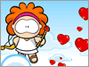 Wamba cupido vuela entre nubes y corazones.
